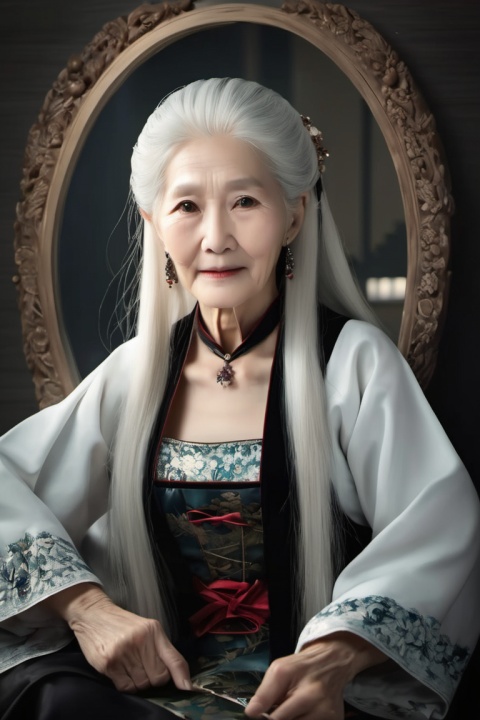  best quality,masterpiece,highres,cg,1chinense old women ,Photograph,high resolution,8k,mirror selfie,housekeeper with white long hair,anime art,dark,Gothic,cancer,Dingdall effect,