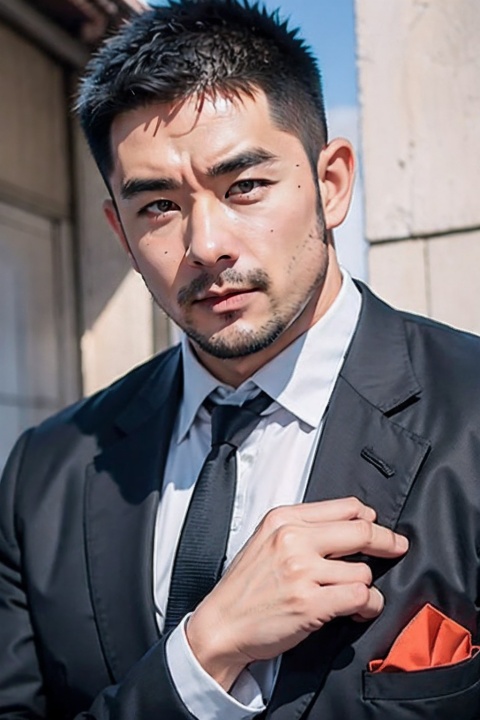  handsome chinese male,big muscle,beard,suit,dutch angle,outdoor,asian
