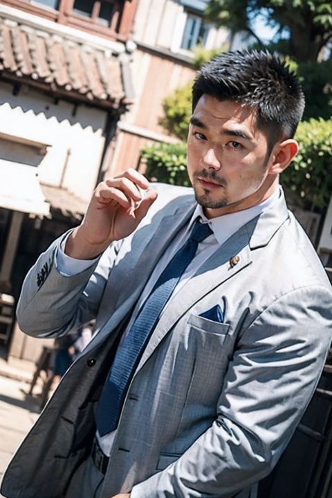  handsome chinese male,big muscle,beard,suit,dutch angle,outdoor,asian
