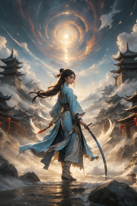  Ancient China, Wuxia World, Thousands of Swords, Flying Sword, Black through the Hole, surrounded by mist, vast panorama, Unreal light and shadow, wide Angle lens, captured at dusk, cinematic texture, Unreal Engine 4, 8K Ultra HD, clear and bright image quality, amazing fantasy immortal scenes, ink painting style, highly refined, dynamic expression, clear lines, cinematic texture, Cold atmosphere, vivid, render high octane, extremely fine,wujie,wanjianguizong,jianjue,11,amazing6