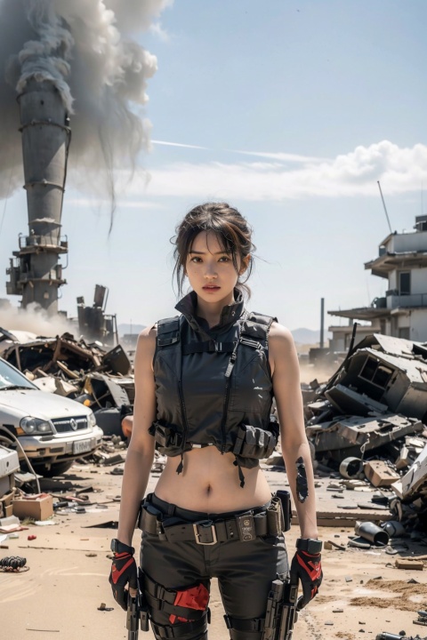  1 girl,in a black and gray special forces look,complete tactical equipment,black vest,navel exposed,vest line,holding firearms,facing the audience,smoky battlefield,outdoors,damaged tanks,fallen planes,wreckage,masterpiece,best quality,epic composition,panoramic shots, NYLostRuins, Wasteland age