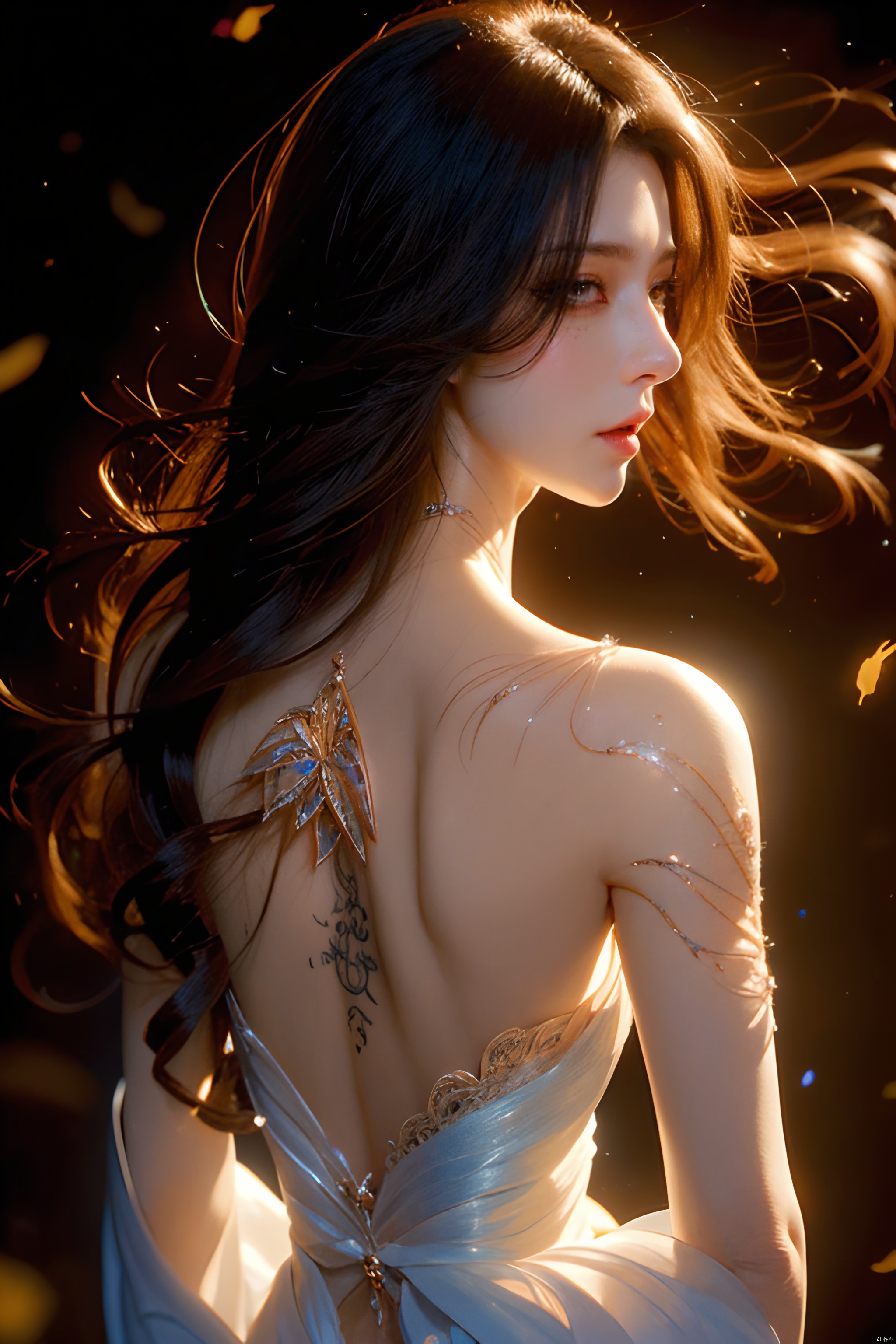  (1girl), light and shadow, glowing, long hair, wind, (put nothing on:1.8),(cleavage: 1.4), shine tatoo, upper body, (photorealistic:1.4), flash, cinematic angle, mysterious, magical, obsidain, backlighting, fluctuation, 8k, photo, red, translucent, X-ray, goddess, (chakra:1.2),dress, glowing body, elegant, ntricate details, highly detailed,cinematic, dimmed colors, dark shot, muted colors, film grain, bokeh, realistic, realistic skin, depth blur, blurry background, The eye,tattooing, stars,Beautiful back, yunxi