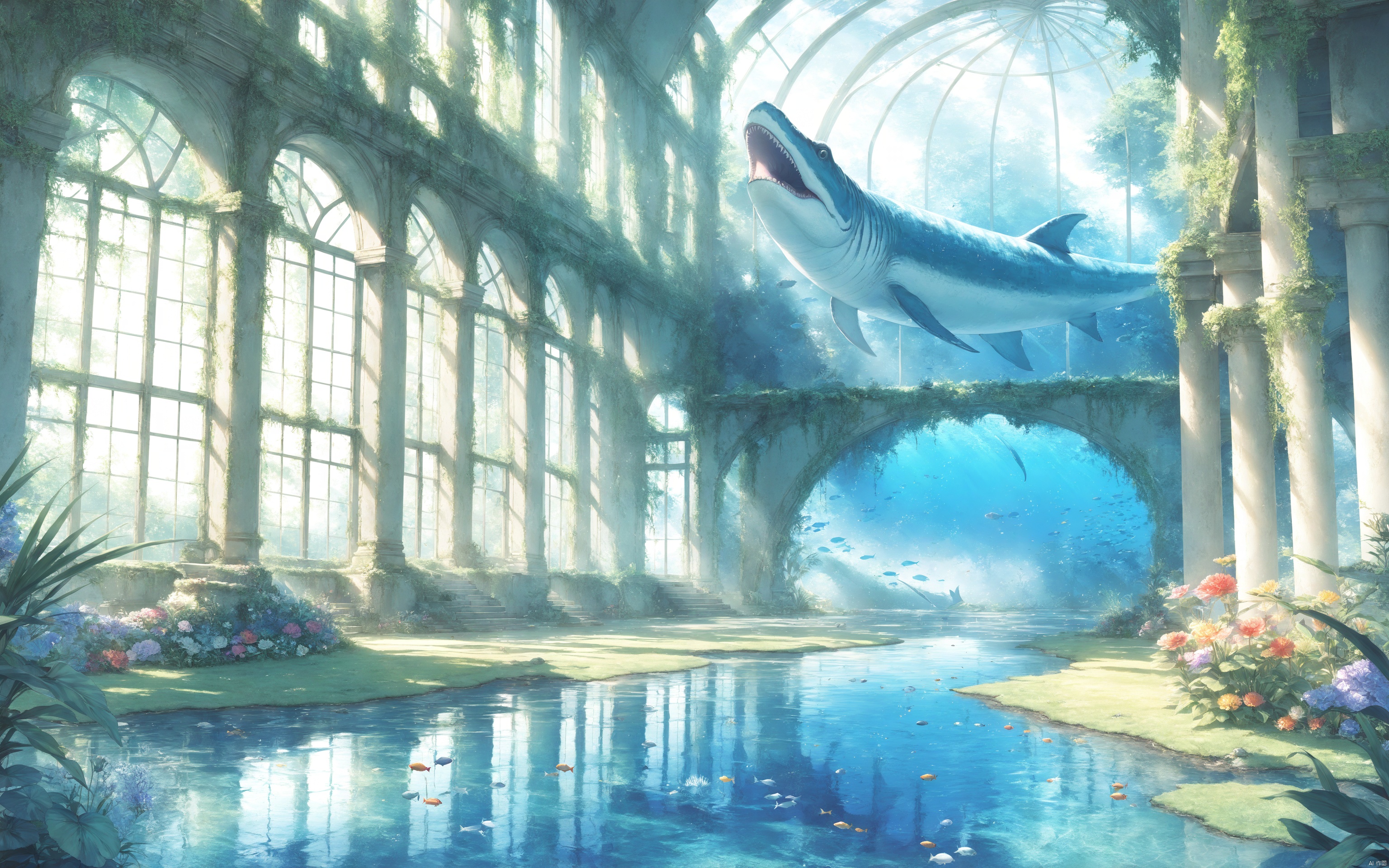 (masterpiece), (best quality), illustration, ultra detailed, hdr, Depth of field, (colorful), [Artist toosaka asagi],[Artist bzmfbgdm],[Artist DIno], flower, indoors ,fish, scenery, overgrown, ruins, water, sunlight, window, plant, light rays, reflection, indoors, animal, artist name, tree, broken window, building