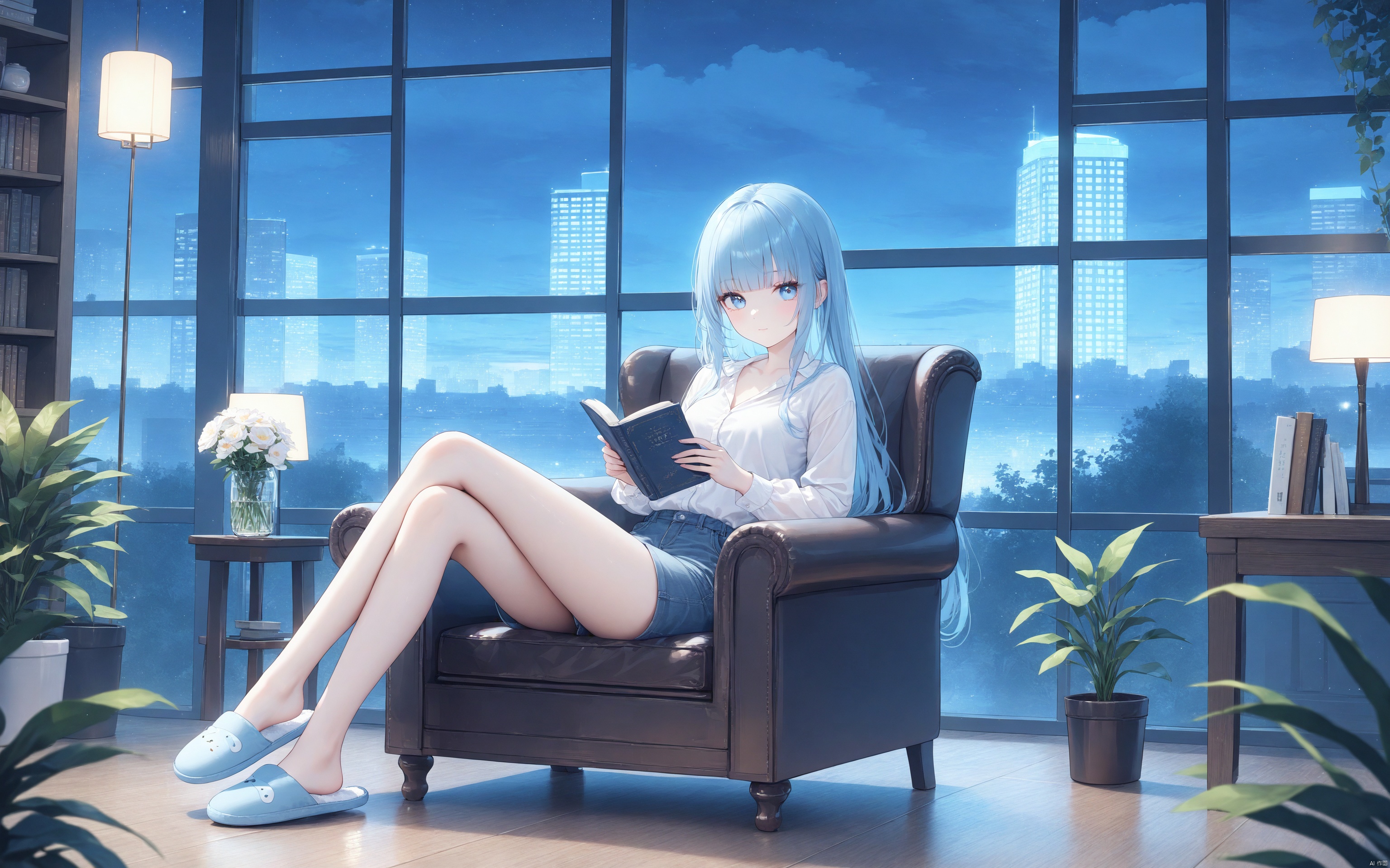  the best quality, masterpiece, super details, fine fabrics, high detail skin, finely detailed eyes and detailed face,smooth skin,extremely fine and detailed,Perfect details, high resolution,1girl, solo, long hair, looking at viewer, bangs, blue eyes, breasts, shirt,underwear, long sleeves, ribbon, holding, sitting, closed mouth, blue hair, full body, white shirt, flower, outdoors, sky, shorts, alternate costume, cloud, blunt bangs, book, window, night, chair, slippers, crossed legs, casual, building, scenery, lantern, light particles, contemporary, city, potted plant, blurry, depth of field
