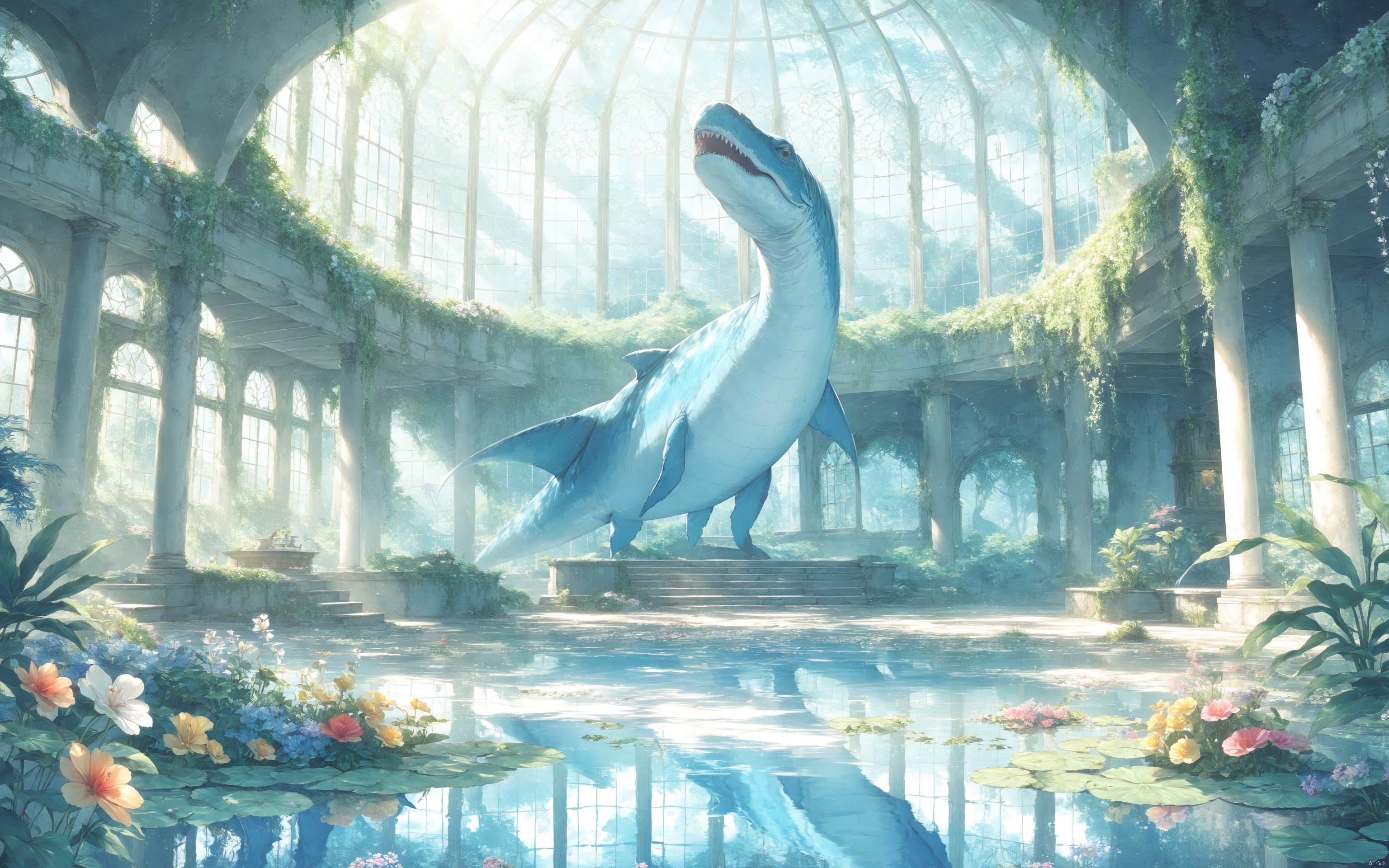  (masterpiece), (best quality), illustration, ultra detailed, hdr, Depth of field, (colorful), [Artist toosaka asagi],[Artist bzmfbgdm],[Artist DIno], flower, indoors ,fish, scenery, overgrown, ruins, water, sunlight, window, plant, light rays, reflection, indoors, animal, artist name, tree, broken window, building