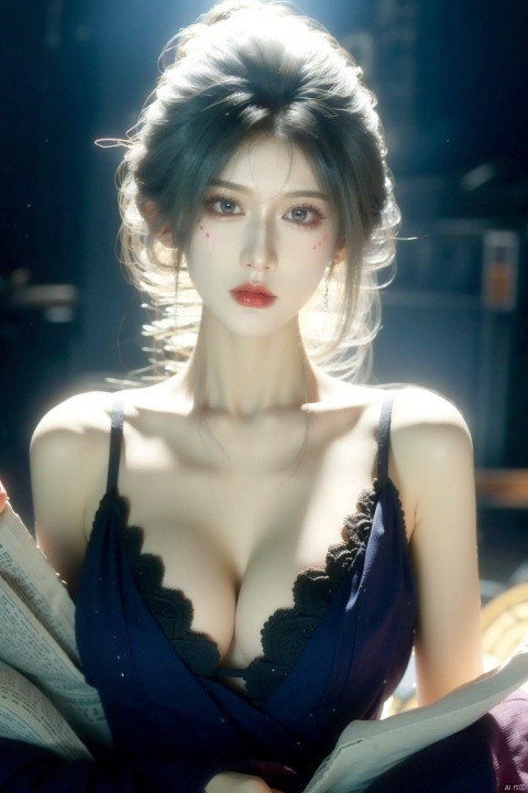  (1girl), light and shadow, glowing, white hair, long hair, wind, two-tone body, two-tone hair, (put nothing on:1.8),(cleavage: 1.4), shine tatoo, upper body, (photorealistic:1.4), flash, cinematic angle, mysterious, magical, obsidain, backlighting, fluctuation, 8k, photo, red, translucent, X-ray, goddess, (chakra:1.2),dress, glowing body, elegant, ntricate details, highly detailed,cinematic, dimmed colors, dark shot, muted colors, film grain, bokeh, realistic, realistic skin, Newspaper wall, huge filesize,newspaper, depth blur, blurry background, emma, The eye