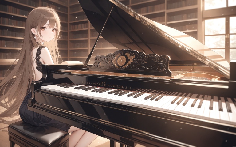 (best quality), ((masterpiece)), (highres), illustration, original, extremely detailed,1girl, solo, piano, long hair, instrument, looking at viewer, jewelry, brown eyes, light particles, blurry, depth of field, bookshelf, brown hair