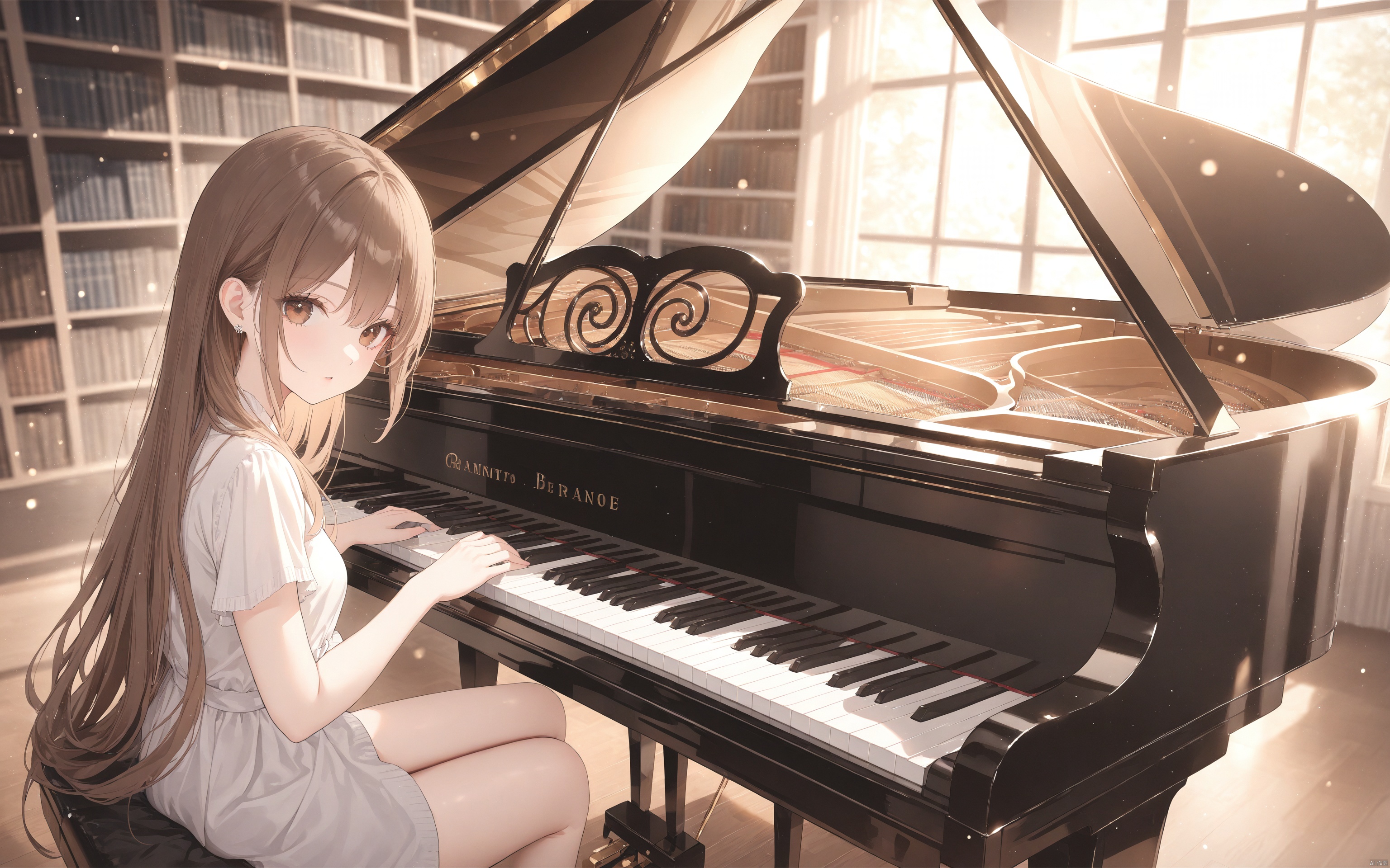 (best quality), ((masterpiece)), (highres), illustration, original, extremely detailed,1girl, solo, piano, long hair, instrument, looking at viewer, jewelry, brown eyes, light particles, blurry, depth of field, bookshelf, brown hair