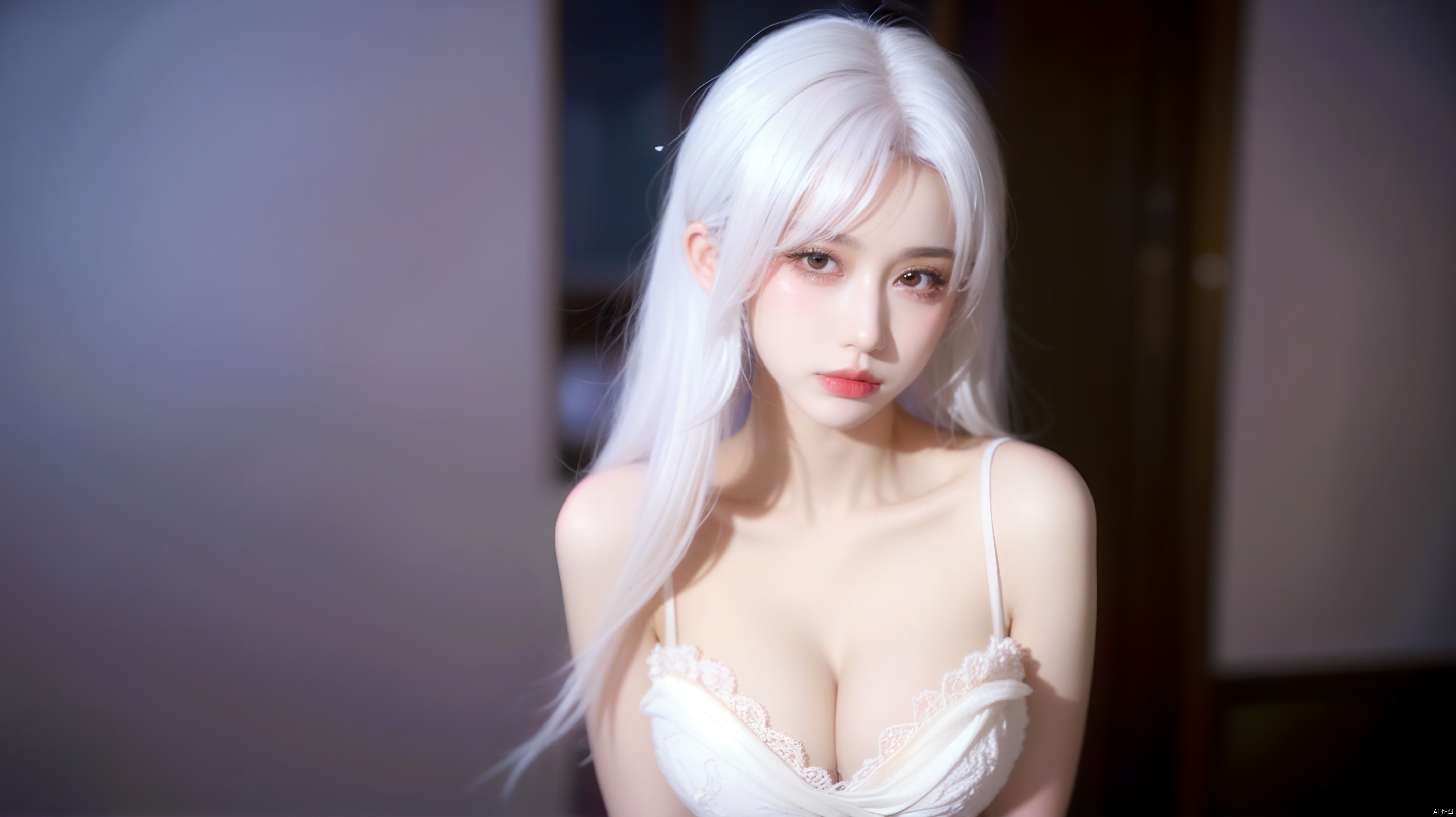 best quality,highly detailed,masterpiece,ultra-detailed,illustration,1girl,white hair, long hair,solo,extremely detailed,an extremely delicate and beautiful,bare shoulders,8k_wallpaper,best illustration,(cleavage: 1.4),Bare shoulders,Bare thigh,Bare navel,crying with eyes,Beautiful sexy mannequin, only cover the chest with silk, show the contour curve of the body, smoke, drawing book, illustration art, mystery, fantasy, sketch,open,glowing body, elegant, ntricate details, highly detailed,cinematic, dimmed colors, dark shot, muted colors, film grain, bokeh, realistic, realistic skin, depth blur, blurry background, The eye