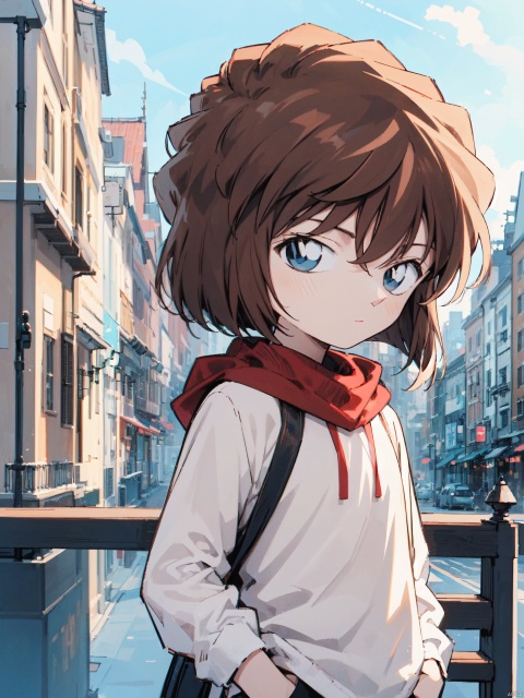 (((brown hair))), blue eyes, short hair (best quality), ((masterpiece)), (highres),standing,original, extremely detailed wallpaper, (an extremely delicate and beautiful),(loli),(petite),loose clothes,floating hair,(solo),street,city,focused,solo, (\shen ming shao nv\), aihaibara,哀