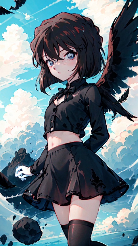  Short brown hair, blue eyes, (((masterpiece))),best quality, extremely detailed CG unity 8k, illustration, contour deepening beautiful detailed glow,(beautiful detailed eyes), (1 girl:1.1), ((Bana)), large top sleeves, Floating black ashes, Beautiful and detailed black, red moon, ((The black clouds)), (black Wings) , a black cloudy sky, burning, black dress, (beautiful detailed eyes), black expressionless, beautiful detailed white gloves, (crow), bat, (floating black cloud:1.5),white and black hair, disheveled hair, long bangs, hairs between eyes, black knee-highs, black ribbon, white bowties, midriff,{{{half closed eyes}}},((Black fog)), Red eyes, (black smoke), complex pattern, ((Black feathers floating in the air)), (((arms behind back))), HaibaraAi