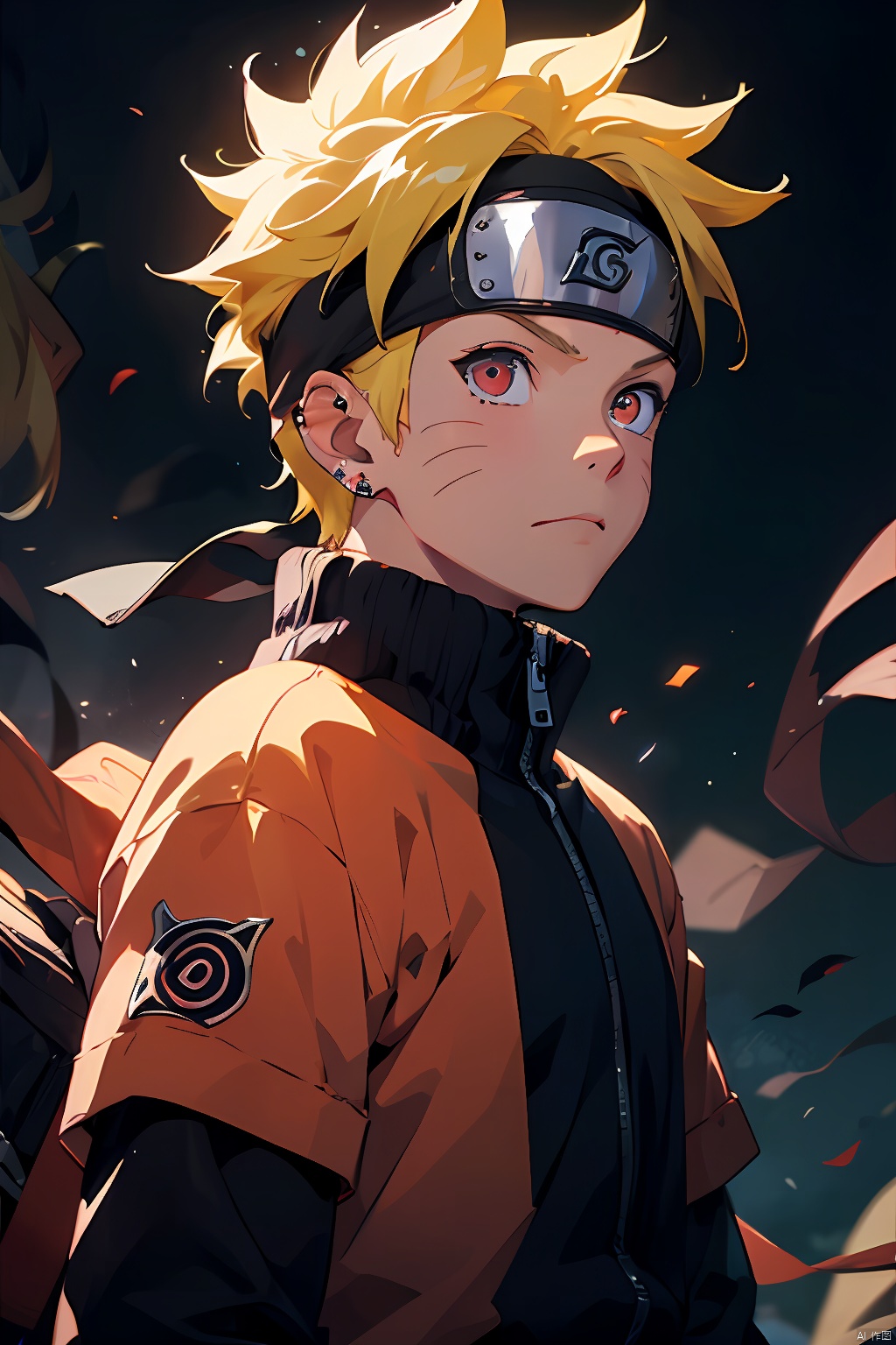  HuoYin, 1boy, male focus, blonde hair, solo, forehead protector, red eyes, spiked hair, looking at viewer, long sleeves, from side, konohagakure symbol, upper body, glowing, piercing, closed mouth, headband, ear piercing, jacket, uzumaki naruto