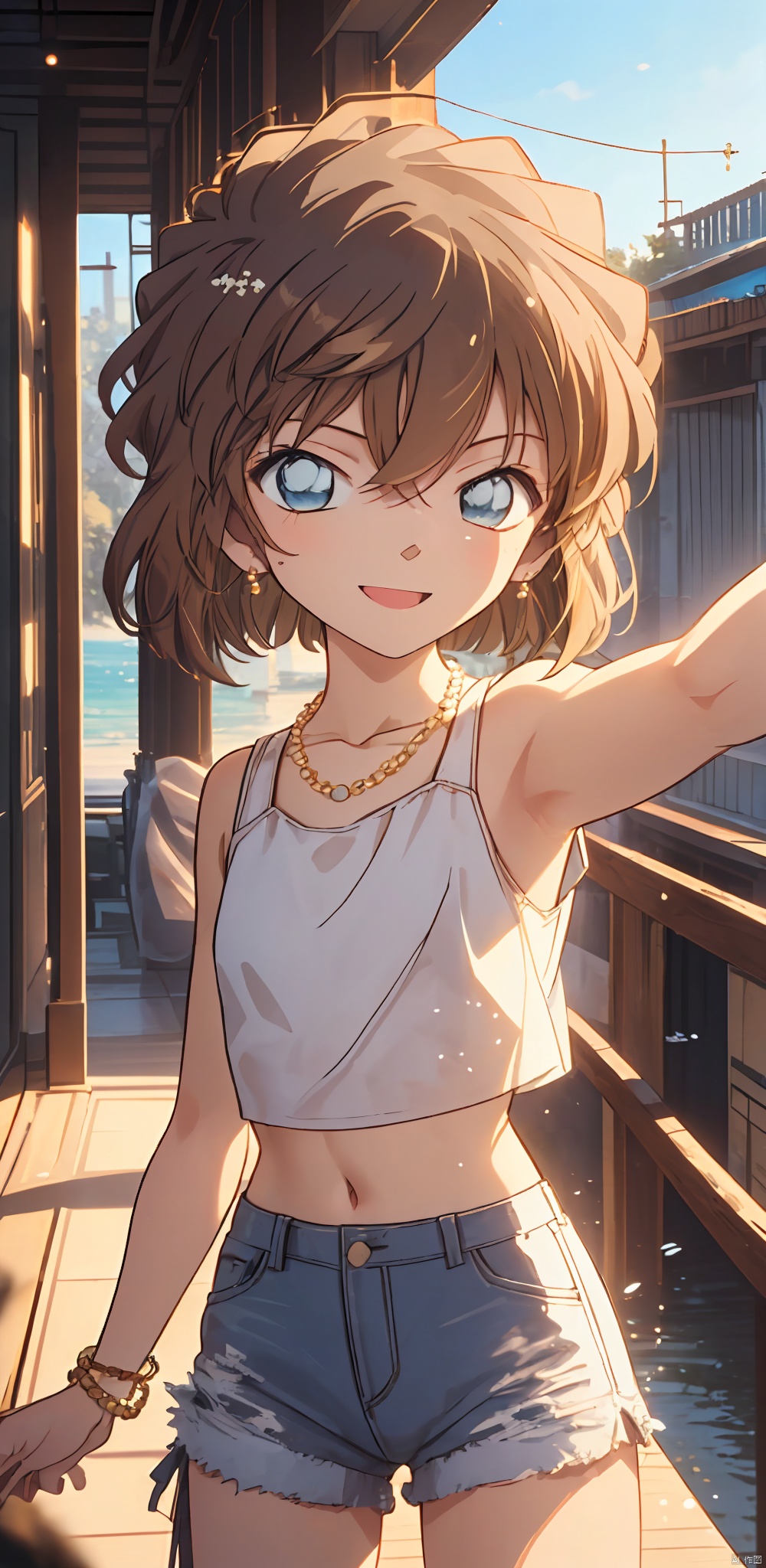  (((Short brown hair, blue eyes))),solo, (perfect face), (detailed outfit), (16 years old), cute female, happy, (happy expression), (outstretched arms), blonde hair, long hair, straight hair, blue eyes, light skin, small chest_circumference, white crop top, hot pants, pearl earrings, silver necklace, gold bracelet, from front, outdoor, beach, fishing boat, evening, clear, (masterpiece), (best quality), (sharp focus), (depth of field), (high res), (\shen ming shao nv\)