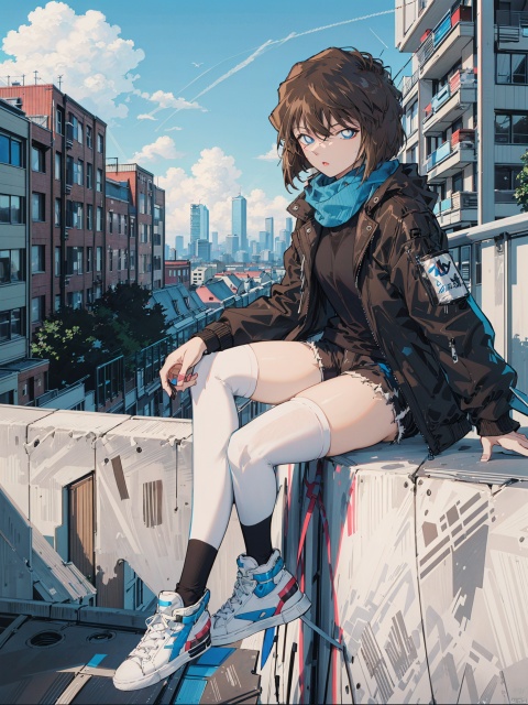  (((Short brown hair, blue eyes))), nai3, 1girl, long hair, thighhighs, solo, black hair, white thighhighs, shorts, holding, sitting, green eyes, bird, white footwear, shoes, black shorts, scarf, sneakers, jacket, looking at viewer, outdoors, bangs, long sleeves, shirt, open clothes, full body, short shorts, can, black jacket, sky, holding can, railing, ribbon, black shirt, day, open jacket, parted lips, white ribbon, building, black scarf, crow, cityscape,rooftop,HaibaraAi,哀