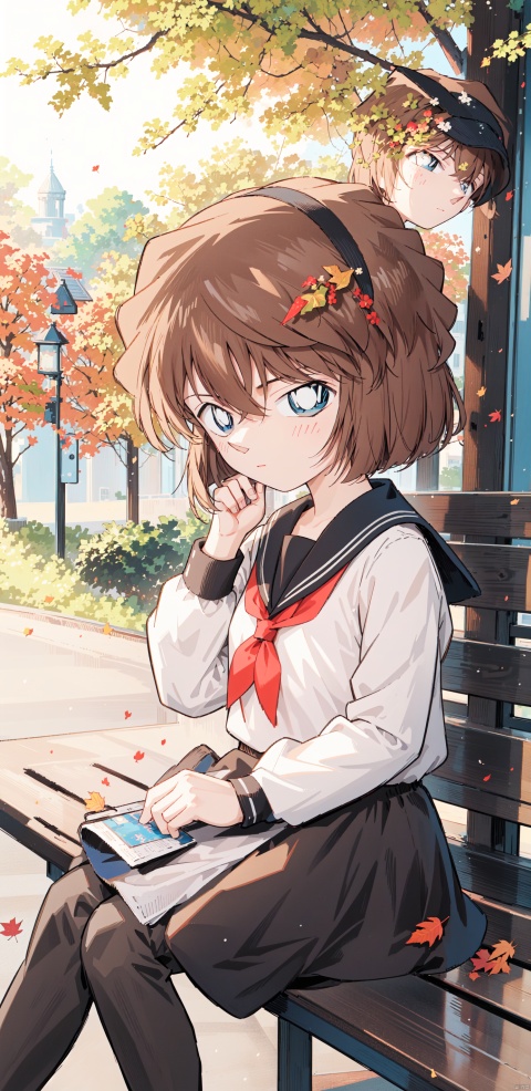  (((Short brown hair, blue eyes))), best quality, amazing quality, very aesthetic,1girl, black_hair, school_uniform, skirt, long_hair, cat, black_skirt, leaf, sitting, outdoors, looking_at_viewer, holding, serafuku, black_serafuku, holding_leaf, long_sleeves, solo, shirt, blush, yellow_eyes, bench, bangs, pleated_skirt, black_shirt, closed_mouth, autumn_leaves, ribbon, falling_leaves, from_side, neckerchief, sailor_collar, tree, hair_ribbon, autumn, day, floating_hair, blurry, on_bench, red_ribbon, white_hairband, feet_out_of_frame, park_bench, blurry_background, hand_up, red_neckerchief, animal, socks, sidelocks, white_sailor_collar, breasts