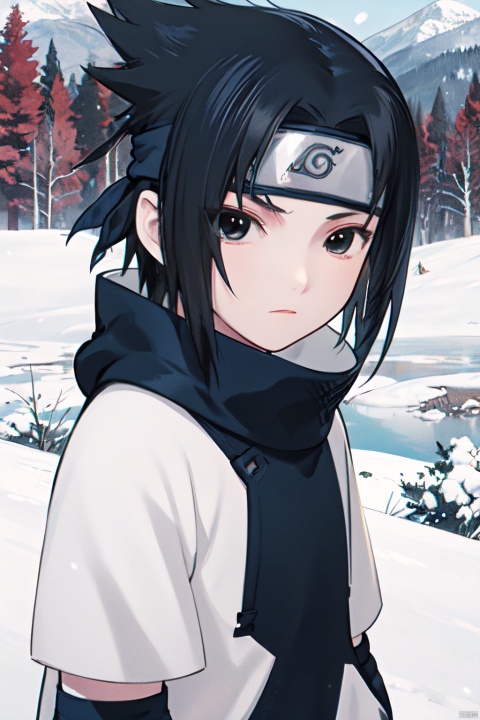  masterpiece, best quality, 1boy, uchiha sasuke, black hair, black eyes, forehead protector, shirt, upper body, looking at viewer, outdoors, winter, snow, trees, moutains in background 