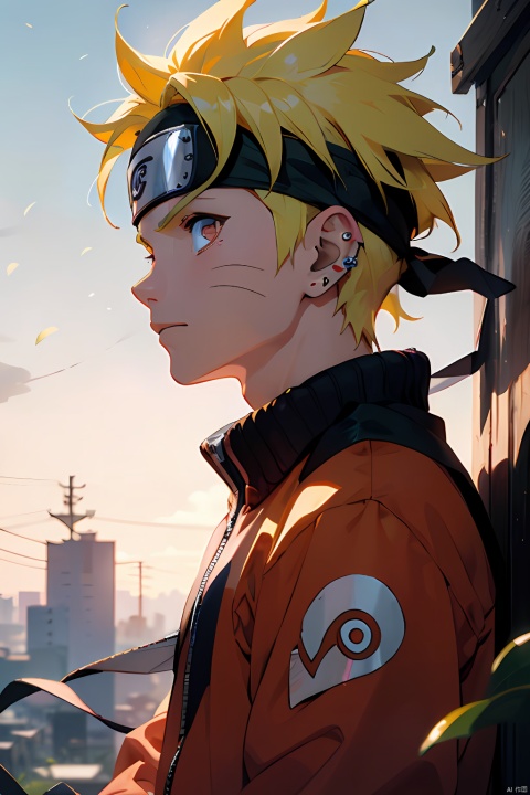  HuoYin, 1boy, male focus, blonde hair, solo, forehead protector, red eyes, spiked hair, looking at viewer, long sleeves, from side, konohagakure symbol, upper body, glowing, piercing, closed mouth, headband, ear piercing, jacket, uzumaki naruto