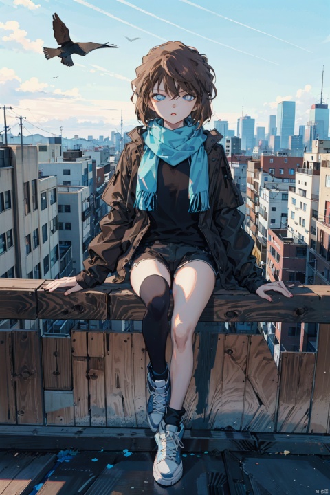  (((Short brown hair, blue eyes))), nai3, 1girl, long hair, thighhighs, solo, black hair, white thighhighs, shorts, holding, sitting, green eyes, bird, white footwear, shoes, black shorts, scarf, sneakers, jacket, looking at viewer, outdoors, bangs, long sleeves, shirt, open clothes, full body, short shorts, can, black jacket, sky, holding can, railing, ribbon, black shirt, day, open jacket, parted lips, white ribbon, building, black scarf, crow, cityscape, rooftop,HaibaraAi,哀