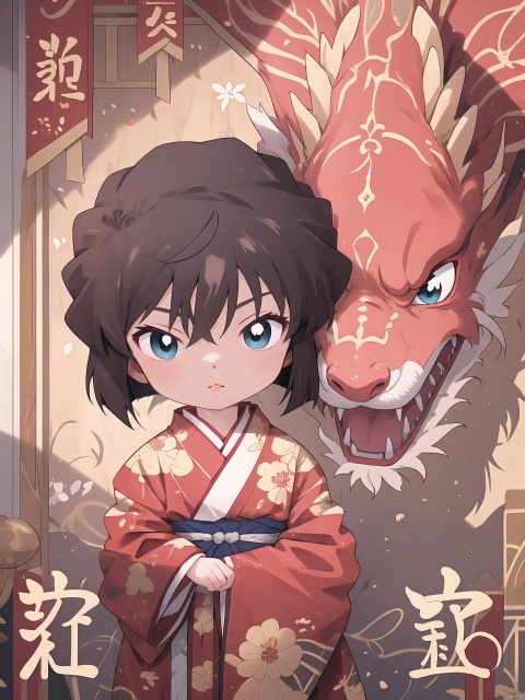  Closed mouth, Blue eyes, short brown hair,1girl,black hair,looking at viewer,dragon,closed mouth,lips,solo,female child,red new year clothes, chahua,HaibaraAi,哀, Anime, aihaibara