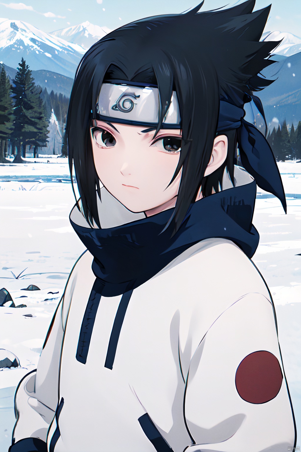  masterpiece, best quality, 1boy, uchiha sasuke, black hair, black eyes, forehead protector, shirt, upper body, looking at viewer, outdoors, winter, snow, trees, moutains in background 
