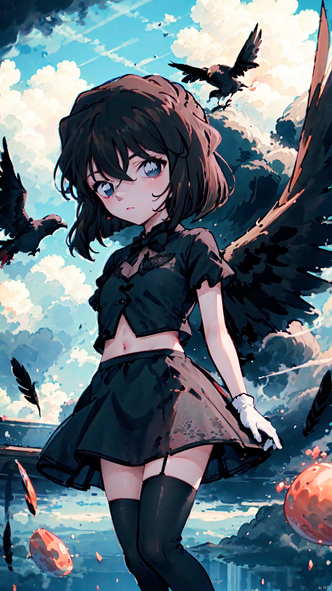  Short brown hair, blue eyes, (((masterpiece))),best quality, extremely detailed CG unity 8k, illustration, contour deepening beautiful detailed glow,(beautiful detailed eyes), (1 girl:1.1), ((Bana)), large top sleeves, Floating black ashes, Beautiful and detailed black, red moon, ((The black clouds)), (black Wings) , a black cloudy sky, burning, black dress, (beautiful detailed eyes), black expressionless, beautiful detailed white gloves, (crow), bat, (floating black cloud:1.5),white and black hair, disheveled hair, long bangs, hairs between eyes, black knee-highs, black ribbon, white bowties, midriff,{{{half closed eyes}}},((Black fog)), Red eyes, (black smoke), complex pattern, ((Black feathers floating in the air)), (((arms behind back))), HaibaraAi