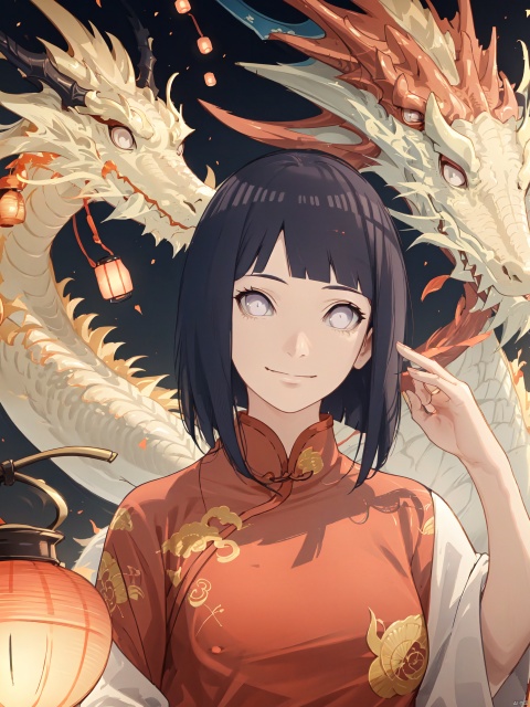  Smiling expression,Closed mouth, 1girl, lantern, dragon,chinese clothes, looking at viewer, upper body, eastern dragon, red dress, paper lantern, dress, bangs, solo, china dress, tassel, hand up, brown hair, sidelocks, medium breasts, hinata\(boruto\)