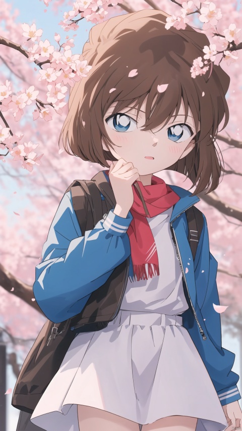  (((Short brown hair, blue eyes))), The image features a beautiful anime girl dressed in a flowing white and red dress, standing amidst a flurry of red cherry blossoms. The contrast between her white dress and the red flowers creates a striking visual effect. The lighting in the image is well-balanced, casting a warm glow on the girl and the surrounding flowers. The colors are vibrant and vivid, with the red cherry blossoms standing out against the white sky. The overall style of the image is dreamy and romantic, perfect for a piece of anime artwork. The quality of the image is excellent, with clear details and sharp focus. The girl's dress and the flowers are well-defined, and the background is evenly lit, without any harsh shadows or glare. From a technical standpoint, the image is well-composed, with the girl standing in the center of the frame, surrounded by the blossoms. The use of negative space in the background helps to draw the viewer's attention to the girl and the flowers. The cherry blossoms, often associated with transience and beauty, further reinforce this theme. The girl, lost in her thoughts, seems to be contemplating the fleeting nature of beauty and the passage of time. Overall, this is an impressive image that showcases the photographer's skill in capturing the essence of a scene, as well as their ability to create a compelling narrative through their art.catgirl,loli, kanade, (\shen ming shao nv\), cozy anime, 1girl, solo, long hair, looking at viewer, hair, blurry, blurry background, blush, bangs, depth of field,cuteloli,solo,long hair,blue eyes,shirt,hair between eyes,very long hair,blue hair,standing,jacket,,shorts,school_girl,schooluniform,blue jacket,track jacket,, kanade,HaibaraAi,哀, haibara ai