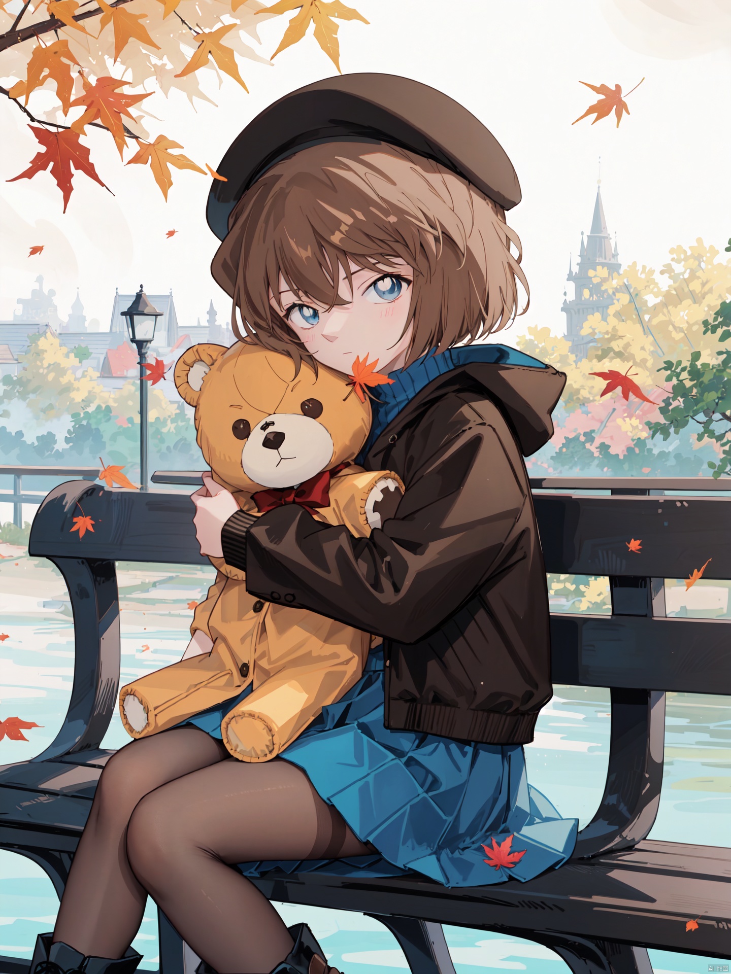  (((Short brown hair, blue eyes))), 1girl, solo, long_hair, looking_at_viewer, blush, bangs, skirt, brown_hair, hair_ornament, long_sleeves, hat, bow, holding, brown_eyes, sitting, very_long_hair, grey_hair, pantyhose, boots, outdoors, day, hairclip, hood, water, black_footwear, sweater, tree, cup, blue_skirt, black_jacket, sleeves_past_wrists, book, black_headwear, leaf, beret, watermark, brown_footwear, stuffed_toy, stuffed_animal, frilled_skirt, green_skirt, teddy_bear, brown_pantyhose, object_hug, brown_headwear, covered_mouth, bench, autumn_leaves, disposable_cup, maple_leaf, holding_stuffed_toy, autumn, coffee_cup, on_bench, nai3, aihaibara