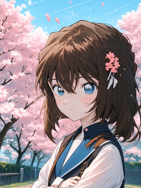  (((Short brown hair, blue eyes))), The image features a beautiful anime girl dressed in a flowing white and red dress, standing amidst a flurry of red cherry blossoms. The contrast between her white dress and the red flowers creates a striking visual effect. The lighting in the image is well-balanced, casting a warm glow on the girl and the surrounding flowers. The colors are vibrant and vivid, with the red cherry blossoms standing out against the white sky. The overall style of the image is dreamy and romantic, perfect for a piece of anime artwork. The quality of the image is excellent, with clear details and sharp focus. The girl's dress and the flowers are well-defined, and the background is evenly lit, without any harsh shadows or glare. From a technical standpoint, the image is well-composed, with the girl standing in the center of the frame, surrounded by the blossoms. The use of negative space in the background helps to draw the viewer's attention to the girl and the flowers. The cherry blossoms, often associated with transience and beauty, further reinforce this theme. The girl, lost in her thoughts, seems to be contemplating the fleeting nature of beauty and the passage of time. Overall, this is an impressive image that showcases the photographer's skill in capturing the essence of a scene, as well as their ability to create a compelling narrative through their art.catgirl,loli, kanade, (\shen ming shao nv\), cozy anime, 1girl, solo, long hair, looking at viewer, hair, blurry, blurry background, blush, bangs, depth of field,cuteloli,solo,long hair,blue eyes,shirt,hair between eyes,very long hair,blue hair,standing,jacket,,shorts,school_girl,schooluniform,blue jacket,track jacket,, kanade, HaibaraAi