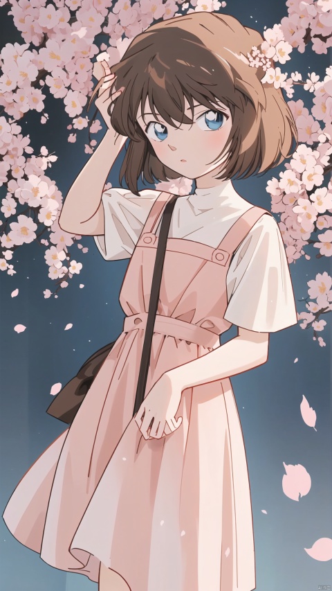  (((Brown short hair, blue eyes))), The image features a beautiful anime girl dressed in a flowing white and red dress, standing amidst a flurry of red cherry blossoms. The contrast between her white dress and the red flowers creates a striking visual effect. The lighting in the image is well-balanced, casting a warm glow on the girl and the surrounding flowers. The colors are vibrant and vivid, with the red cherry blossoms standing out against the white sky. The overall style of the image is dreamy and romantic, perfect for a piece of anime artwork. The quality of the image is excellent, with clear details and sharp focus. The girl's dress and the flowers are well-defined, and the background is evenly lit, without any harsh shadows or glare. From a technical standpoint, the image is well-composed, with the girl standing in the center of the frame, surrounded by the blossoms. The use of negative space in the background helps to draw the viewer's attention to the girl and the flowers. The cherry blossoms, often associated with transience and beauty, further reinforce this theme. The girl, lost in her thoughts, seems to be contemplating the fleeting nature of beauty and the passage of time. Overall, this is an impressive image that showcases the photographer's skill in capturing the essence of a scene, as well as their ability to create a compelling narrative through their art. (\MBTI\), (\ji jian\)