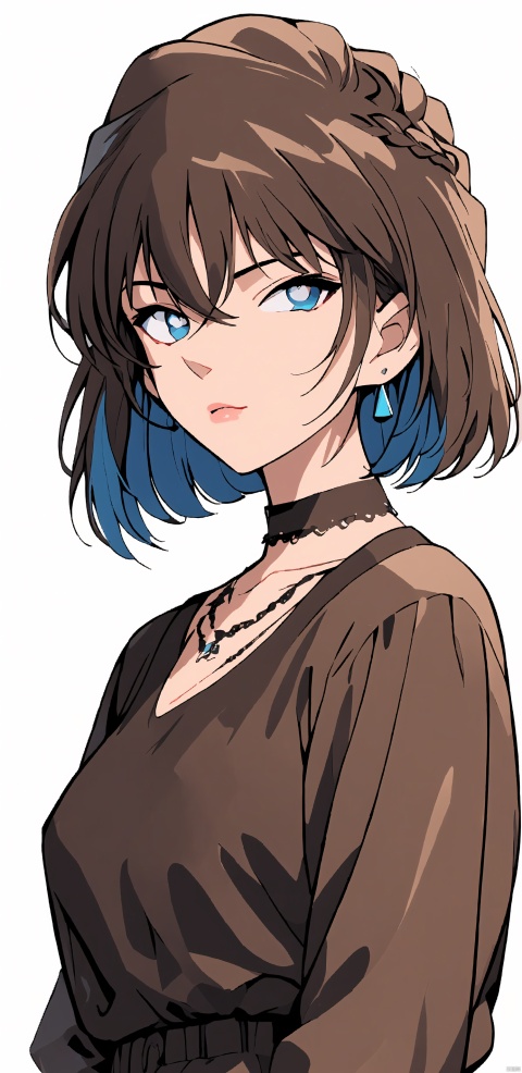  (((Short brown hair, blue eyes))), 1girl, solo, long hair, looking at viewer, bangs, jewelry, closed mouth, blue hair, purple eyes, upper body, braid, earrings, choker, artist name, pink eyes, necklace, twin braids, collar, lips, tattoo, chain, black choker, piercing, ear piercing, asymmetrical bangs, jinx \(league of legends\), jijianchahua