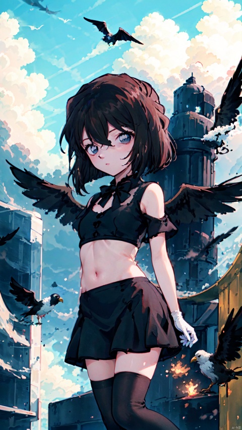  Short brown hair, blue eyes, (((masterpiece))),best quality, extremely detailed CG unity 8k, illustration, contour deepening beautiful detailed glow,(beautiful detailed eyes), (1 girl:1.1), ((Bana)), large top sleeves, Floating black ashes, Beautiful and detailed black, red moon, ((The black clouds)), (black Wings) , a black cloudy sky, burning, black dress, (beautiful detailed eyes), black expressionless, beautiful detailed white gloves, (crow), bat, (floating black cloud:1.5),white and black hair, disheveled hair, long bangs, hairs between eyes, black knee-highs, black ribbon, white bowties, midriff,{{{half closed eyes}}},((Black fog)), Red eyes, (black smoke), complex pattern, ((Black feathers floating in the air)), (((arms behind back))), HaibaraAi