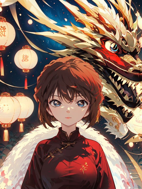  Closed mouth,Blue eyes, ((short brown hair)), 1girl, lantern, dragon, chinese clothes, looking at viewer, upper body, eastern dragon, red dress, paper lantern, dress, bangs, solo, china dress, tassel,  brown hair, sidelocks, medium breasts