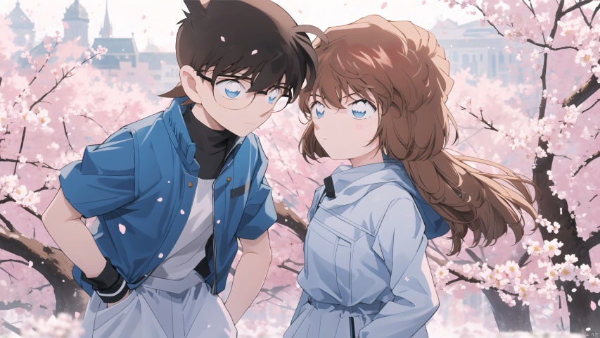  (((A man and a woman))), (((Short brown hair, blue eyes))), The image features a beautiful anime girl dressed in a flowing white and red dress, standing amidst a flurry of red cherry blossoms. The contrast between her white dress and the red flowers creates a striking visual effect. The lighting in the image is well-balanced, casting a warm glow on the girl and the surrounding flowers. The colors are vibrant and vivid, with the red cherry blossoms standing out against the white sky. The overall style of the image is dreamy and romantic, perfect for a piece of anime artwork. The quality of the image is excellent, with clear details and sharp focus. The girl's dress and the flowers are well-defined, and the background is evenly lit, without any harsh shadows or glare. From a technical standpoint, the image is well-composed, with the girl standing in the center of the frame, surrounded by the blossoms. The use of negative space in the background helps to draw the viewer's attention to the girl and the flowers. The cherry blossoms, often associated with transience and beauty, further reinforce this theme. The girl, lost in her thoughts, seems to be contemplating the fleeting nature of beauty and the passage of time. Overall, this is an impressive image that showcases the photographer's skill in capturing the essence of a scene, as well as their ability to create a compelling narrative through their art.catgirl,loli, kanade, (\shen ming shao nv\), cozy anime, 1girl, solo, looking at viewer, hair, blurry, blurry background, blush, bangs, depth of field,cuteloli,solo,long hair,blue eyes,shirt,hairbetweeneyes,verylonghair,bluehair,standing,jacket,,shorts,school_girl,schooluniform,bluejacket,trackjacket,,kanade,HaibaraAi,哀, haibara ai, 1boy