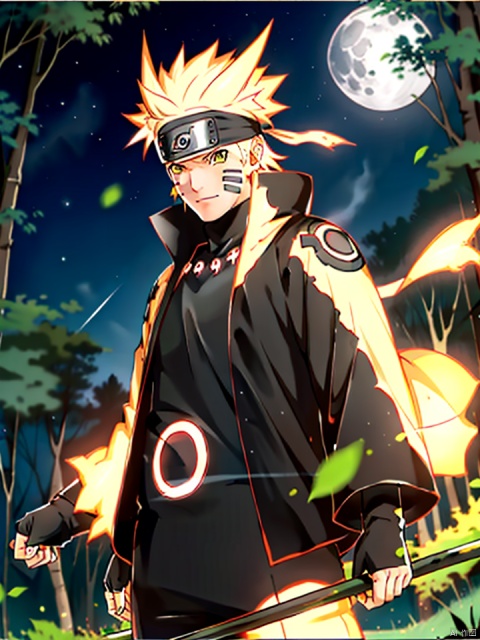  , Naruto, 1boy, black bodysuit, tomoe \(symbol\), yellow eyes, symbol-shape pupils, gold hair, headband, golden jacket, facial mark, high collar, fingerless gloves, outdoors, night, forest, glowing, fire aura, trees, dappled moonlight, falling leaves, looking away, smirk, symbol-shape