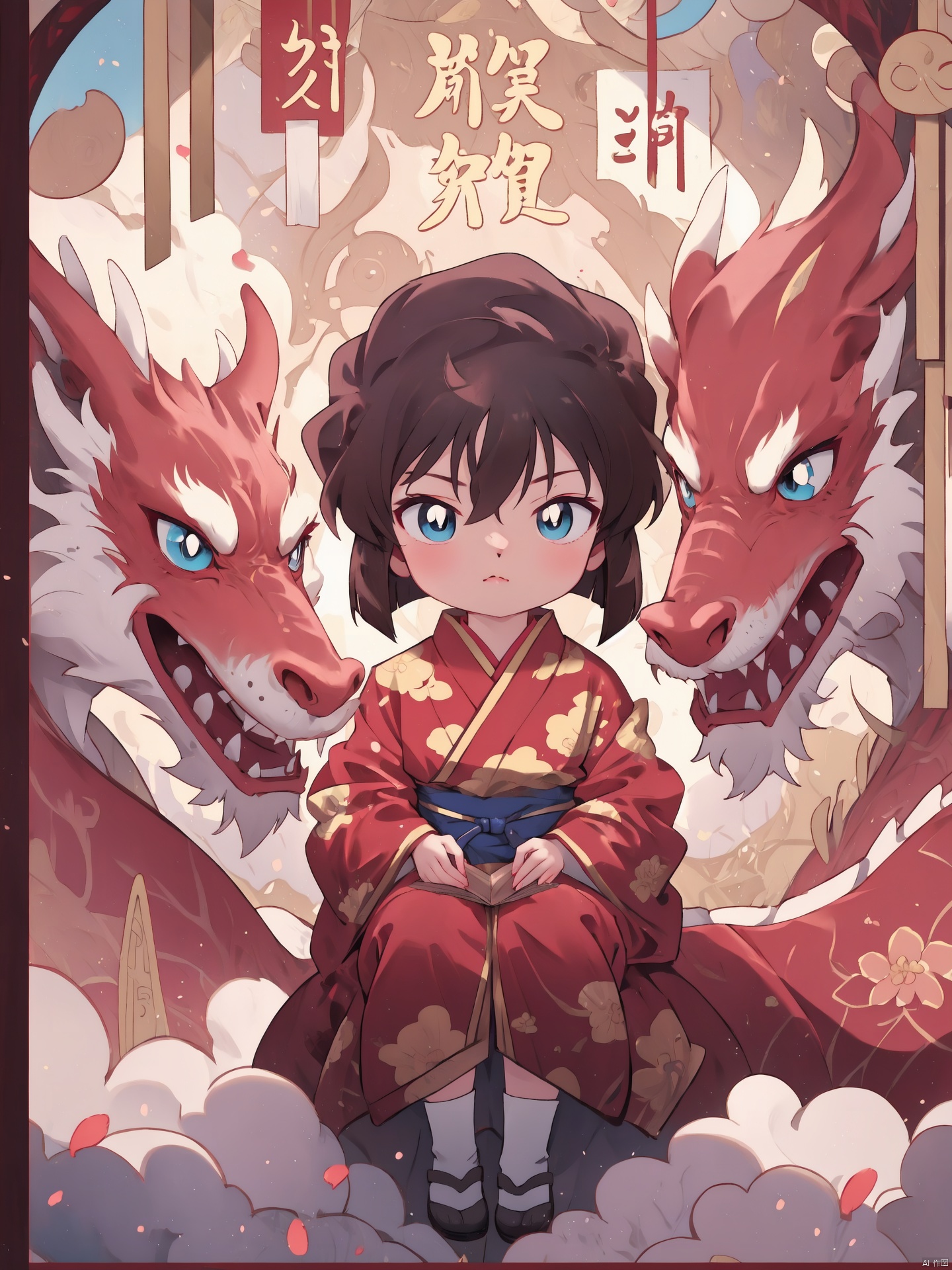  Closed mouth, Blue eyes, short brown hair,1girl,black hair,looking at viewer,dragon,closed mouth,lips,solo,female child,red new year clothes, chahua,HaibaraAi,哀, Anime, aihaibara