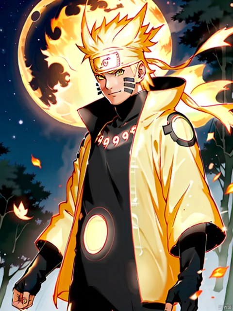  , Naruto, 1boy, black bodysuit, tomoe \(symbol\), yellow eyes, symbol-shape pupils, gold hair, headband, golden jacket, facial mark, high collar, fingerless gloves, outdoors, night, forest, glowing, fire aura, trees, dappled moonlight, falling leaves, looking away, smirk, symbol-shape