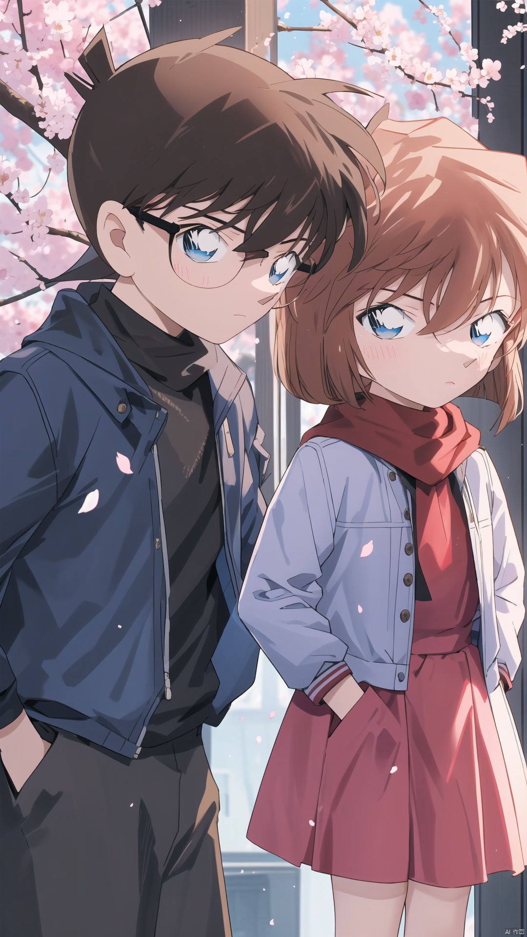  (((A man and a woman))), (((Short brown hair, blue eyes))), The image features a beautiful anime girl dressed in a flowing white and red dress, standing amidst a flurry of red cherry blossoms. The contrast between her white dress and the red flowers creates a striking visual effect. The lighting in the image is well-balanced, casting a warm glow on the girl and the surrounding flowers. The colors are vibrant and vivid, with the red cherry blossoms standing out against the white sky. The overall style of the image is dreamy and romantic, perfect for a piece of anime artwork. The quality of the image is excellent, with clear details and sharp focus. The girl's dress and the flowers are well-defined, and the background is evenly lit, without any harsh shadows or glare. From a technical standpoint, the image is well-composed, with the girl standing in the center of the frame, surrounded by the blossoms. The use of negative space in the background helps to draw the viewer's attention to the girl and the flowers. The cherry blossoms, often associated with transience and beauty, further reinforce this theme. The girl, lost in her thoughts, seems to be contemplating the fleeting nature of beauty and the passage of time. Overall, this is an impressive image that showcases the photographer's skill in capturing the essence of a scene, as well as their ability to create a compelling narrative through their art.catgirl,loli, kanade, (\shen ming shao nv\), cozy anime, 1girl, solo, looking at viewer, hair, blurry, blurry background, blush, bangs, depth of field,cuteloli,solo,long hair,blueeyes,shirt,hairbetweeneyes,verylonghair,bluehair,standing,jacket,,shorts,school_girl,schooluniform,bluejacket,trackjacket,,kanade,HaibaraAi,哀, haibara ai, 1boy