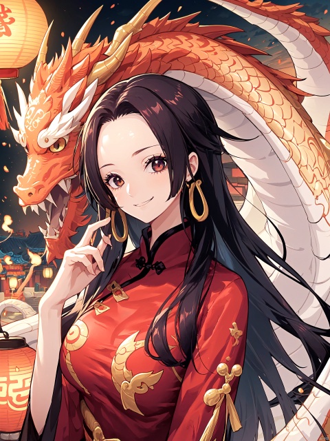  Leakage of forehead,Smiling expression,Closed mouth, 1girl, lantern, dragon,chinese clothes, looking at viewer, upper body, eastern dragon, red dress, paper lantern, dress, bangs, solo, china dress, tassel, hand up, black hair, sidelocks, medium breasts, hinata\(boruto\)