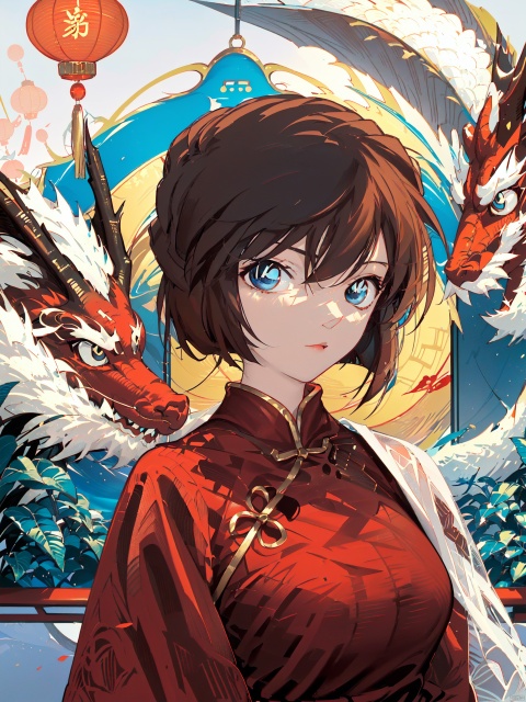  Closed mouth,Blue eyes, ((short brown hair)), 1girl, lantern, dragon, chinese clothes, looking at viewer, upper body, eastern dragon, red dress, paper lantern, dress, bangs, solo, china dress, tassel,  brown hair, sidelocks, medium breasts