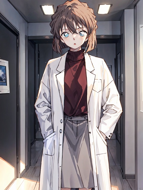  (1girl:1.2), sole,tawny_hair, lab coat,hand_in_pockets,teenager ,indoors, standing ,looking at the viewer