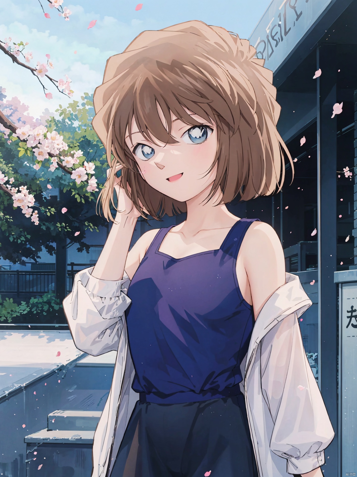  (((Short brown hair, blue eyes))),A long-haired girl stands by a cherry blossom tree. She is wearing a light blue dress, and the skirt flutters in the wind like a beautiful fairy. Her hair is blown by the wind, and some petals stick to her hair. Her face is smiling, looking very happy and joyful. The whole picture is full of warm and romantic feelings. 1girl, solo, long hair, brown hair, cherry blossoms, flower, petals, pink flower, bangs, holding, upper body, shirt, long sleeves, floating hair, off shoulder, white shirt, purple eyes, branch, parted lips, hand up, outdoors, jacket, collarbone, sleeveless, breasts, dress, white jacket, small breasts, open clothes,backlight, HaibaraAi