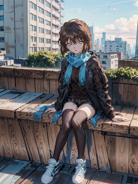  (((Short brown hair, blue eyes))), nai3, 1girl, long hair, thighhighs, solo, black hair, white thighhighs, shorts, holding, sitting, green eyes, bird, white footwear, shoes, black shorts, scarf, sneakers, jacket, looking at viewer, outdoors, bangs, long sleeves, shirt, open clothes, full body, short shorts, can, black jacket, sky, holding can, railing, ribbon, black shirt, day, open jacket, parted lips, white ribbon, building, black scarf, crow, cityscape,rooftop,HaibaraAi,哀