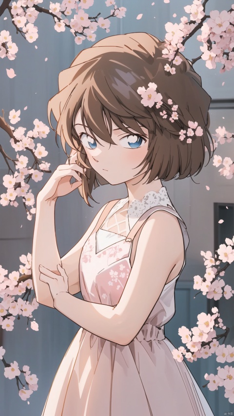  (((Brown short hair, blue eyes))), The image features a beautiful anime girl dressed in a flowing white and red dress, standing amidst a flurry of red cherry blossoms. The contrast between her white dress and the red flowers creates a striking visual effect. The lighting in the image is well-balanced, casting a warm glow on the girl and the surrounding flowers. The colors are vibrant and vivid, with the red cherry blossoms standing out against the white sky. The overall style of the image is dreamy and romantic, perfect for a piece of anime artwork. The quality of the image is excellent, with clear details and sharp focus. The girl's dress and the flowers are well-defined, and the background is evenly lit, without any harsh shadows or glare. From a technical standpoint, the image is well-composed, with the girl standing in the center of the frame, surrounded by the blossoms. The use of negative space in the background helps to draw the viewer's attention to the girl and the flowers. The cherry blossoms, often associated with transience and beauty, further reinforce this theme. The girl, lost in her thoughts, seems to be contemplating the fleeting nature of beauty and the passage of time. Overall, this is an impressive image that showcases the photographer's skill in capturing the essence of a scene, as well as their ability to create a compelling narrative through their art. (\MBTI\), (\ji jian\)