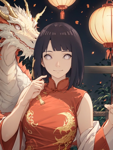  Smiling expression,Closed mouth, 1girl, lantern, dragon,chinese clothes, looking at viewer, upper body, eastern dragon, red dress, paper lantern, dress, bangs, solo, china dress, tassel, hand up, brown hair, sidelocks, medium breasts, hinata\(boruto\)