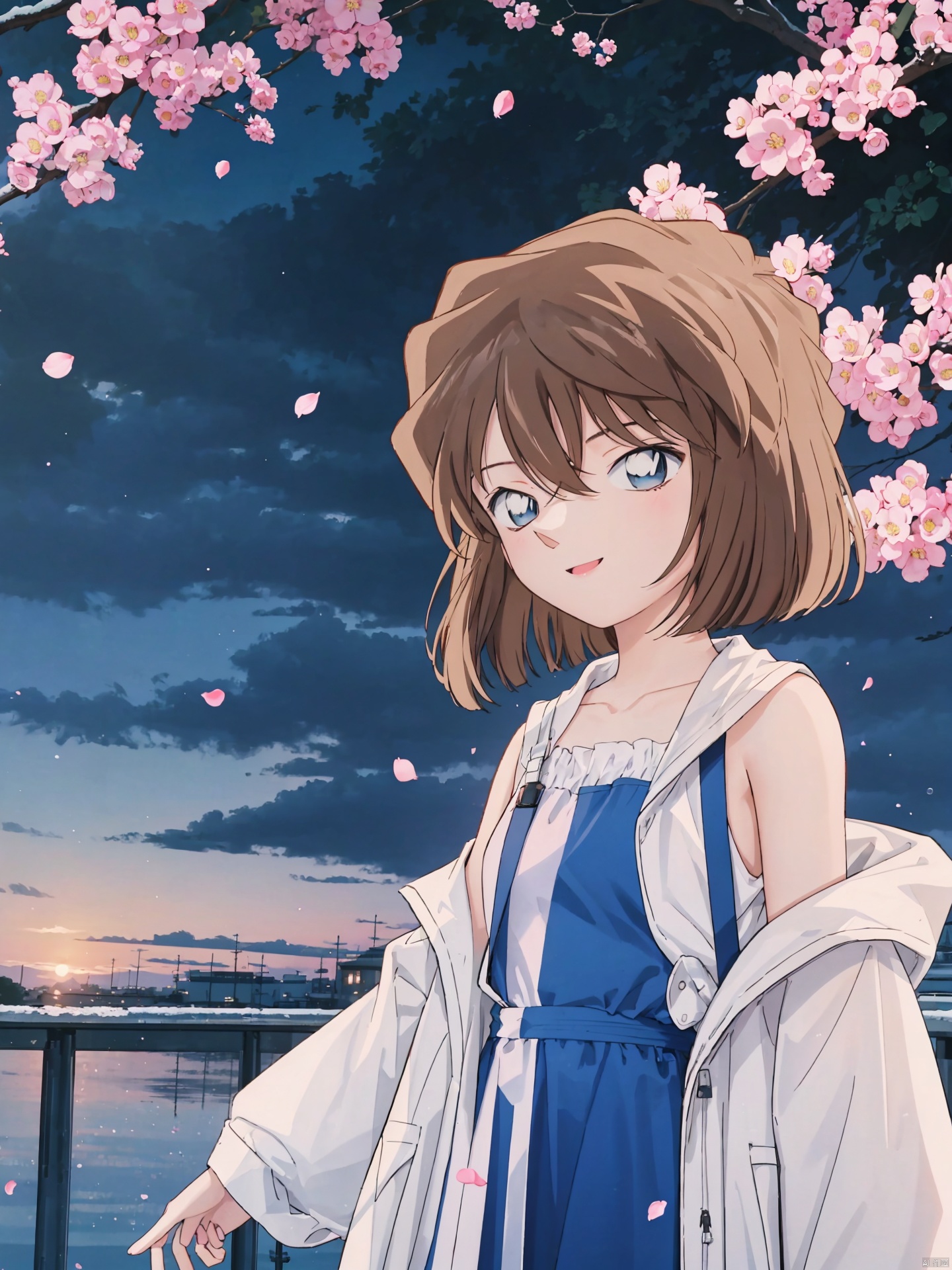  (((Short brown hair, blue eyes))),A long-haired girl stands by a cherry blossom tree. She is wearing a light blue dress, and the skirt flutters in the wind like a beautiful fairy. Her hair is blown by the wind, and some petals stick to her hair. Her face is smiling, looking very happy and joyful. The whole picture is full of warm and romantic feelings. 1girl, solo, long hair, brown hair, cherry blossoms, flower, petals, pink flower, bangs, holding, upper body, shirt, long sleeves, floating hair, off shoulder, white shirt, purple eyes, branch, parted lips, hand up, outdoors, jacket, collarbone, sleeveless, breasts, dress, white jacket, small breasts, open clothes,backlight, HaibaraAi