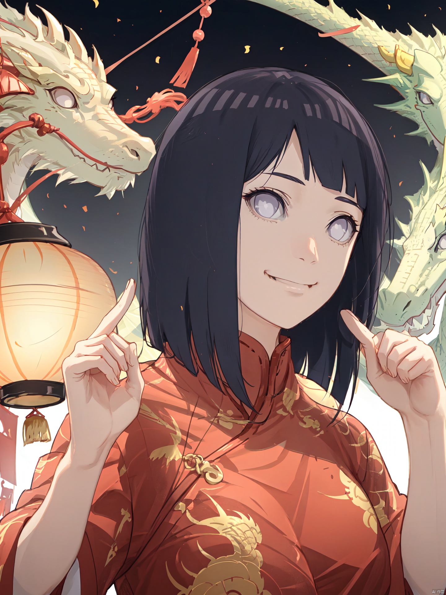  Smiling expression,Closed mouth, 1girl, lantern, dragon,chinese clothes, looking at viewer, upper body, eastern dragon, red dress, paper lantern, dress, bangs, solo, china dress, tassel, hand up, brown hair, sidelocks, medium breasts, hinata\(boruto\)