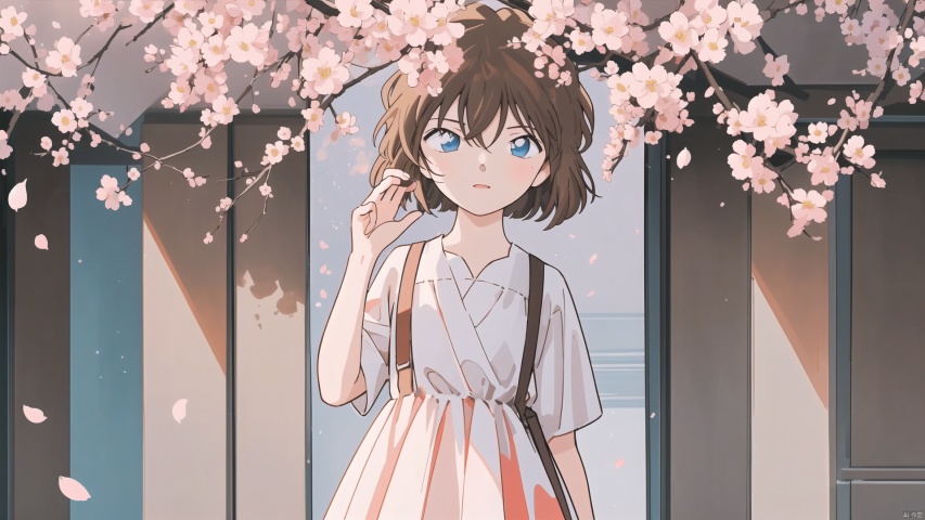  (((Brown short hair, blue eyes))), The image features a beautiful anime girl dressed in a flowing white and red dress, standing amidst a flurry of red cherry blossoms. The contrast between her white dress and the red flowers creates a striking visual effect. The lighting in the image is well-balanced, casting a warm glow on the girl and the surrounding flowers. The colors are vibrant and vivid, with the red cherry blossoms standing out against the white sky. The overall style of the image is dreamy and romantic, perfect for a piece of anime artwork. The quality of the image is excellent, with clear details and sharp focus. The girl's dress and the flowers are well-defined, and the background is evenly lit, without any harsh shadows or glare. From a technical standpoint, the image is well-composed, with the girl standing in the center of the frame, surrounded by the blossoms. The use of negative space in the background helps to draw the viewer's attention to the girl and the flowers. The cherry blossoms, often associated with transience and beauty, further reinforce this theme. The girl, lost in her thoughts, seems to be contemplating the fleeting nature of beauty and the passage of time. Overall, this is an impressive image that showcases the photographer's skill in capturing the essence of a scene, as well as their ability to create a compelling narrative through their art. (\MBTI\), (\ji jian\)