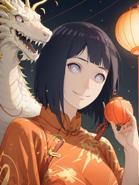  Smiling expression,Closed mouth, 1girl, lantern, dragon,chinese clothes, looking at viewer, upper body, eastern dragon, red dress, paper lantern, dress, bangs, solo, china dress, tassel, hand up, brown hair, sidelocks, medium breasts, hinata\(boruto\)