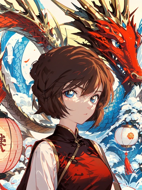  Closed mouth,Blue eyes, ((short brown hair)), 1girl, lantern, dragon, chinese clothes, looking at viewer, upper body, eastern dragon, red dress, paper lantern, dress, bangs, solo, china dress, tassel,  brown hair, sidelocks, medium breasts